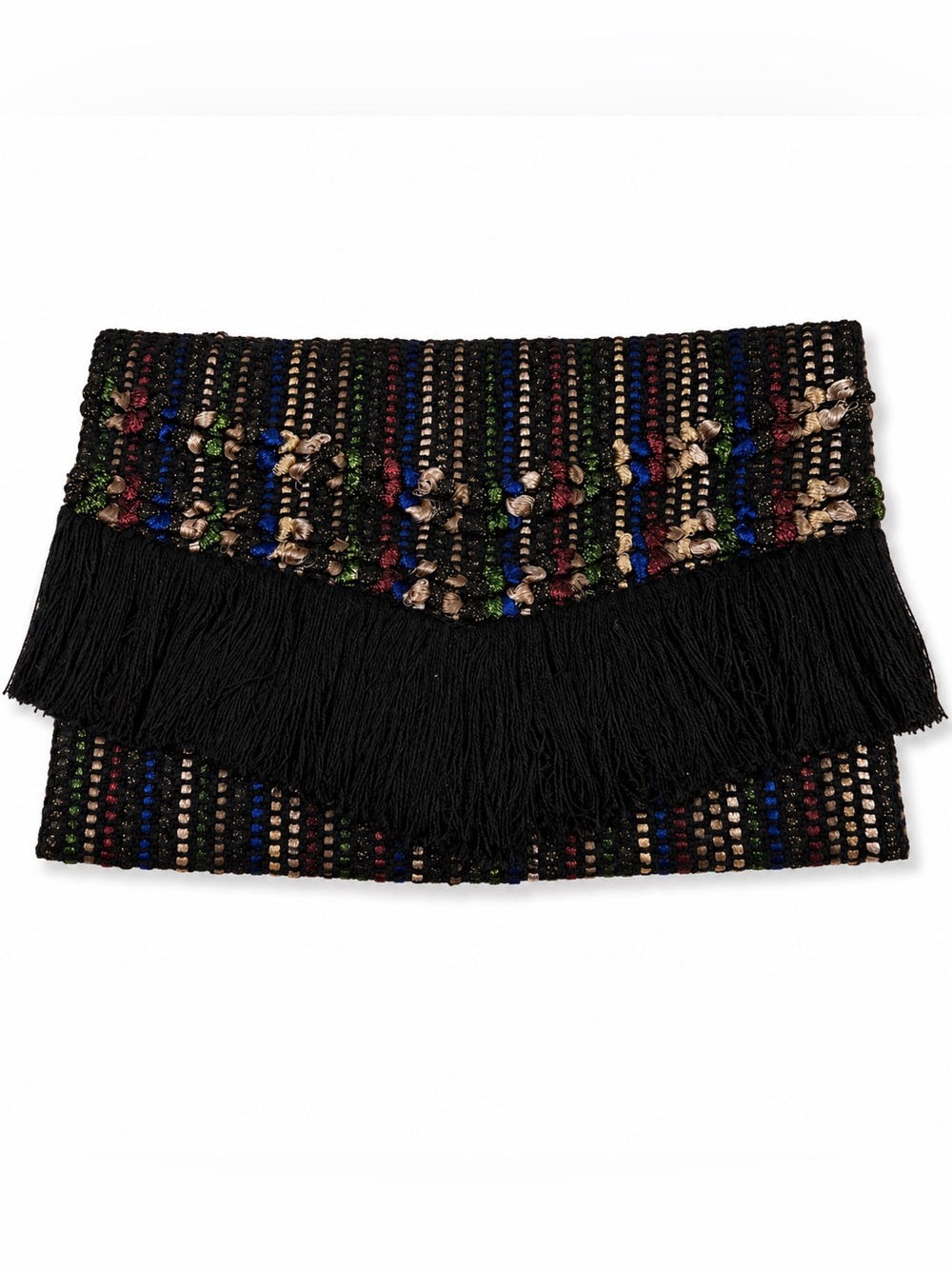 Stella & Dot Black Fringe Embroidered Woven Clutch Boho Bag